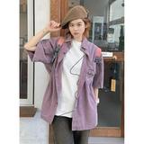 美式復(fù)古紫色顯白短袖襯衫女夏季潮牌中性風(fēng)個性襯衣513DC1702P37，女裝襯衫，星座513