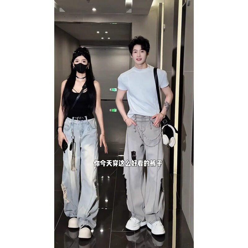 潮流时尚百搭解构裁剪破洞弯刀牛仔裤男女同款中性风513CK141P56图片