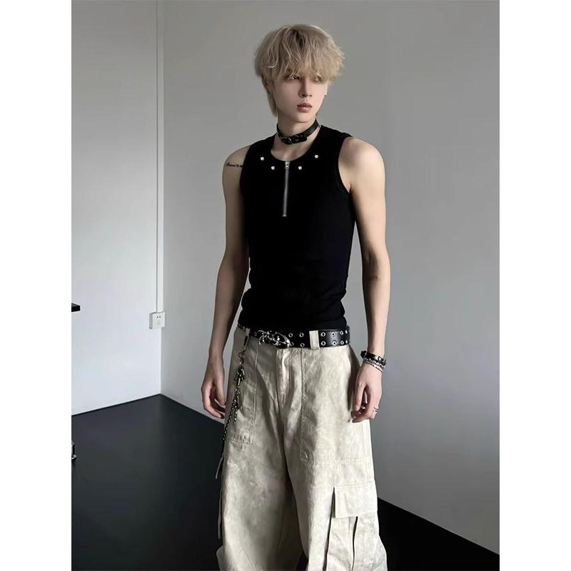 重磅半拉链背心男痞帅夏铆钉正肩无袖t恤坎肩短袖513WX420P25图片