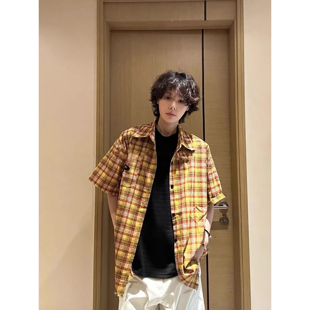 格子短袖衬衫黄色高质量2025年情侣装高街513DX1159P32,男装T恤,星座513