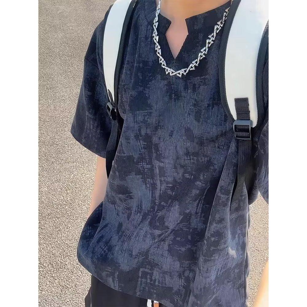 美式复古扎染V领短袖男夏重磅T恤情侣半袖513DX371P25,男装T恤,星座513