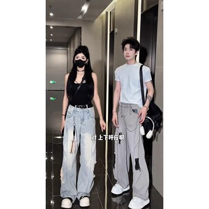 潮流时尚百搭解构裁剪破洞弯刀牛仔裤男女同款中性风513CK141P56图片