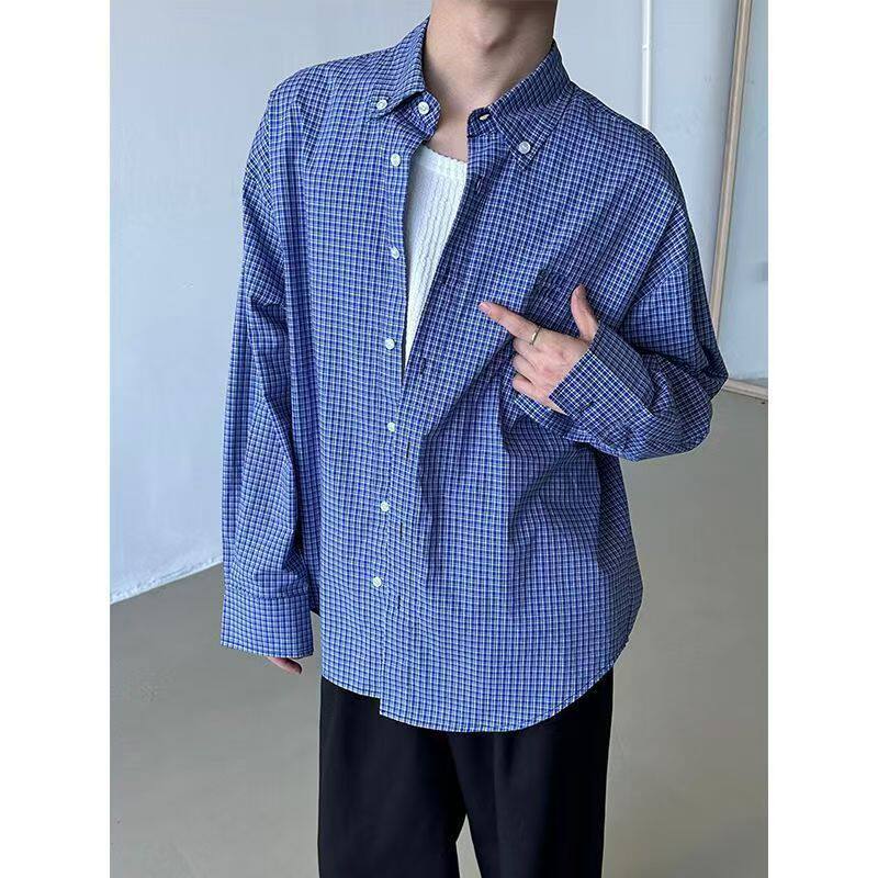 美式古着慵懒宽松蓝色格子衬衫男女同款长袖衬衣513CS1111P28,男装衬衫,星座513
