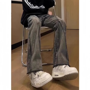 美式拼接毛边微喇牛仔裤男潮流高街弯刀裤修身裤子513CK040P42图片