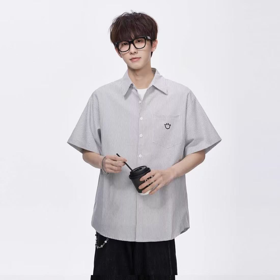 wassuphappy条纹短袖衬衫男夏季2025新款青少年宽松复古休闲外套,男装T恤,星座513