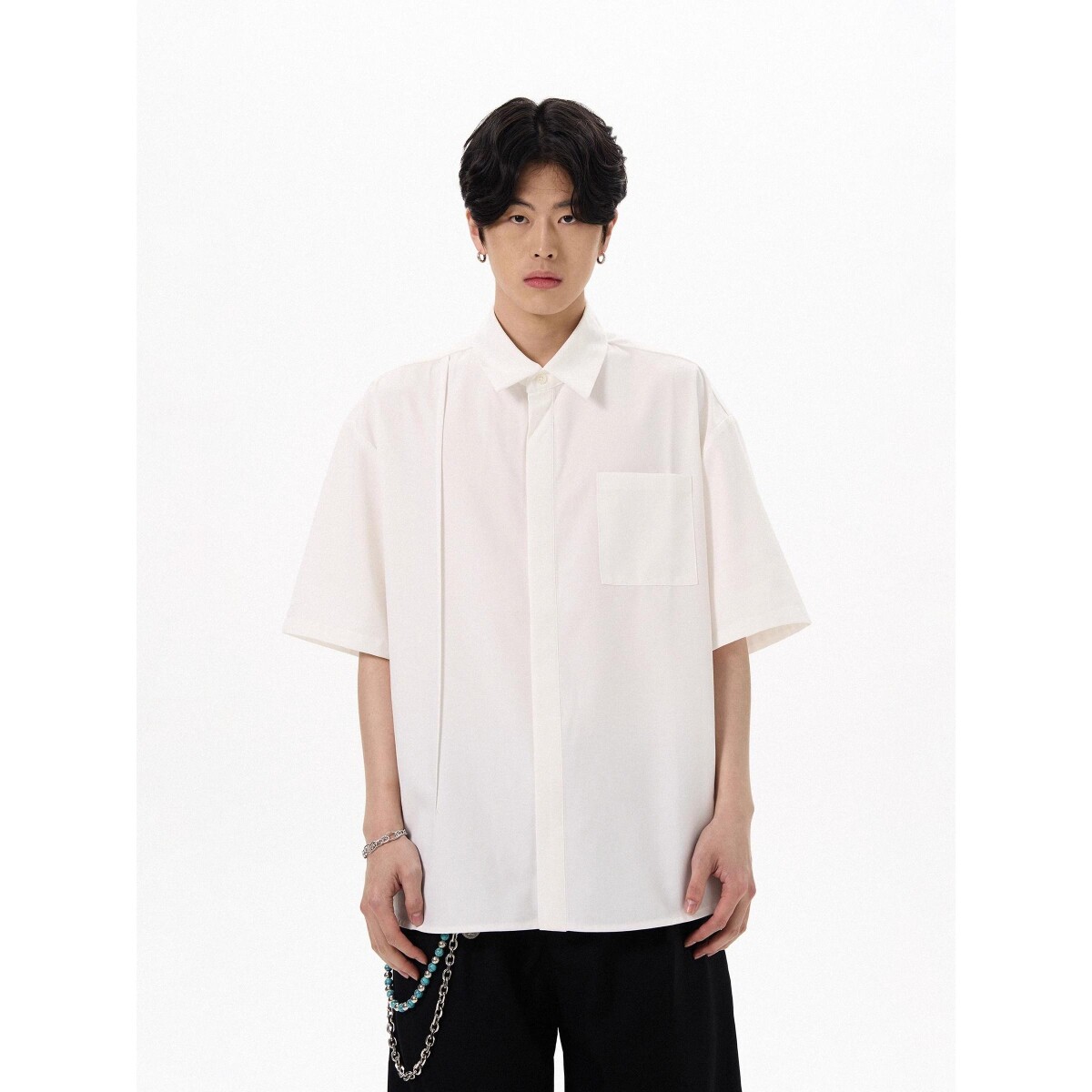 潮牌夏季纯色短袖衬衫男女美式宽松休闲衬衣513DX1359P35,男装衬衫,星座513