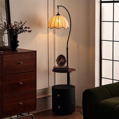 中古风落地灯客厅沙发边2026新款复古钓鱼灯置物架一体卧室床头灯