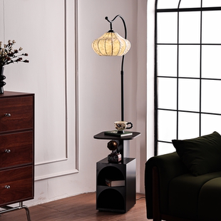 中古风落地灯客厅沙发边美式复古钓鱼灯置物架一体卧室床头装饰灯