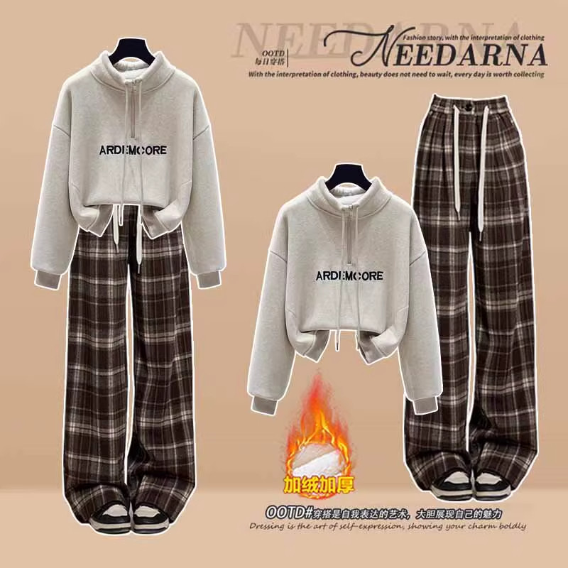 复古设计感加绒加厚女装新款卫衣立领搭配高腰休闲宽松显瘦直筒裤,女装/女士精品,时尚套装,淘宝优惠券,粉丝福利购,淘宝优惠卷