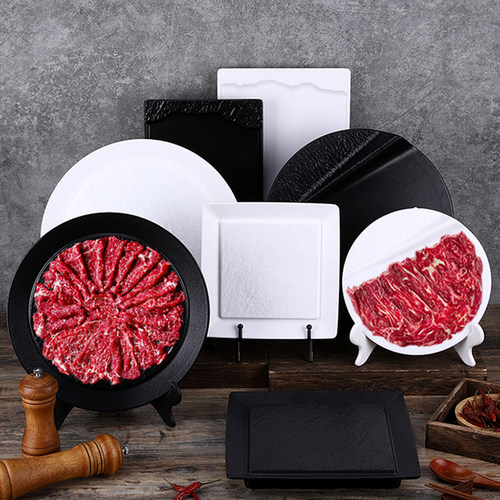 密胺餐具创意石纹盘子火锅店鲜肉涮肉盘吊龙牛肉立盘羊肉盘子专用