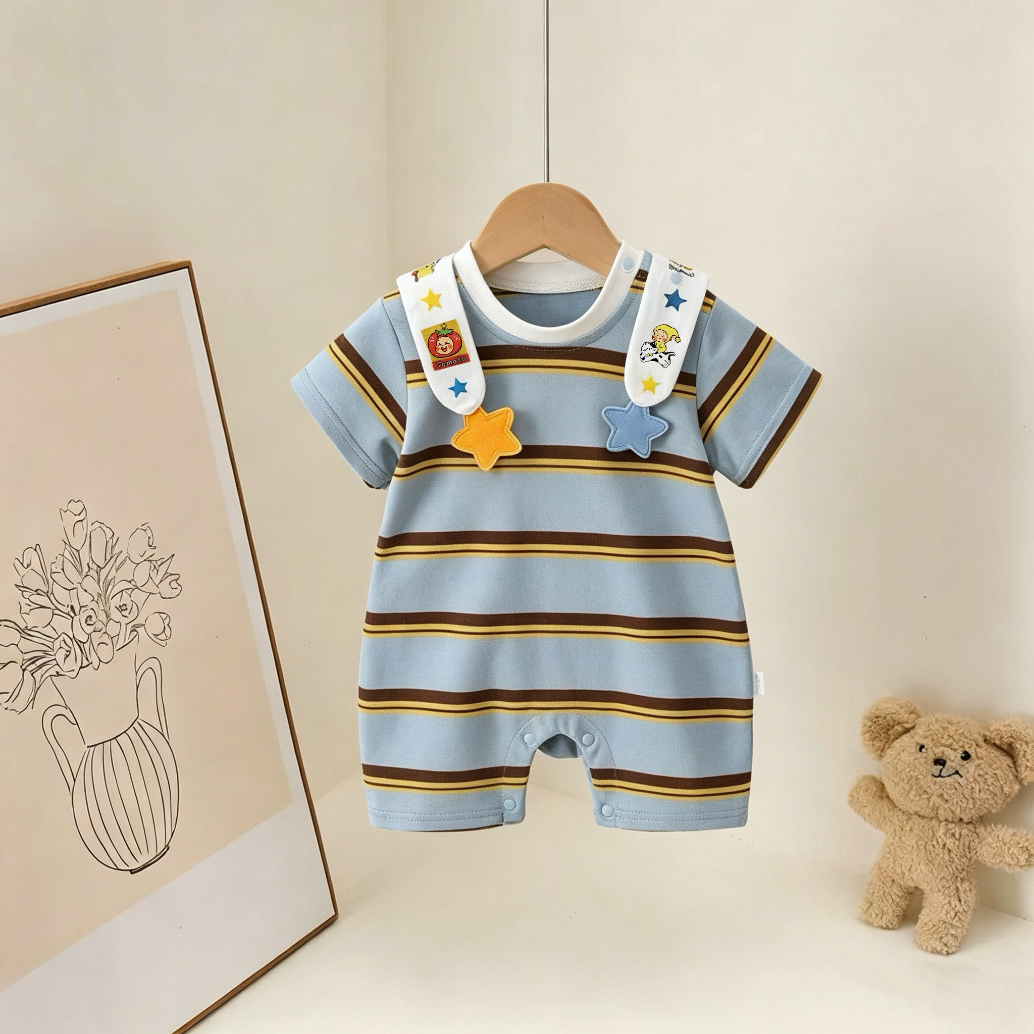 婴儿衣服夏季男童卡通短袖宝宝连体衣披肩韩版外出服哈衣夏装潮款
