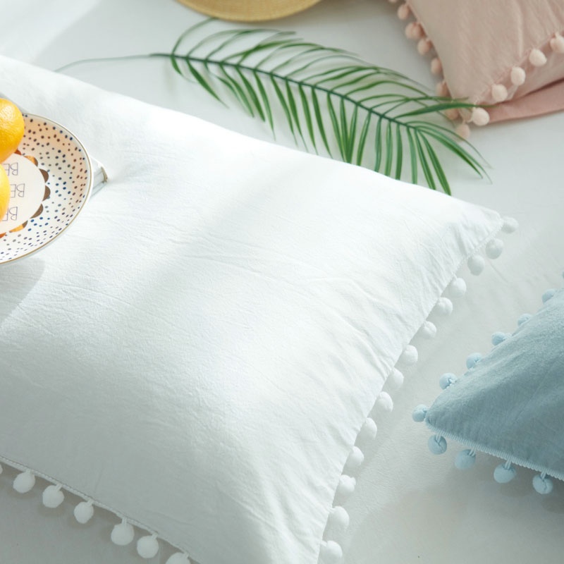 春夏秋冬四季推荐贴身裸睡全棉水洗棉纯色条纹格子球球边枕套一对