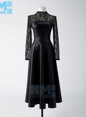 豪漫坂本日常大佛cos服黑色弹力皮连衣裙动漫cosplay女套装带头纱