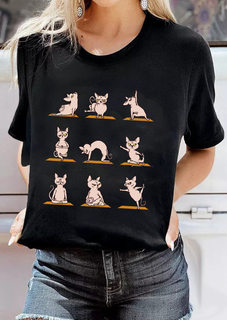 Women's clothing yoga cat 趣味瑜伽无毛猫彩图欧美街头短袖T恤