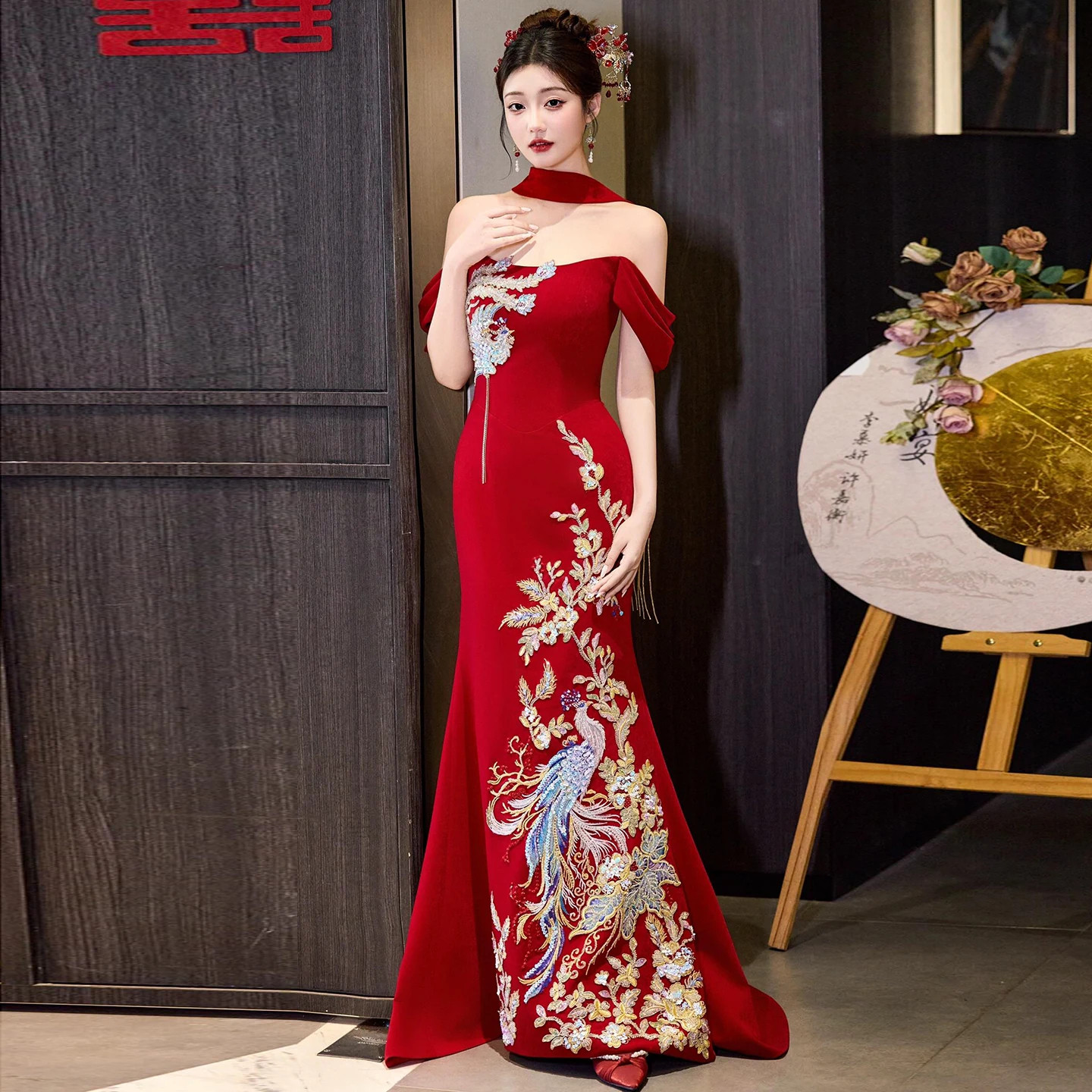新娘敬酒服2026新款一字肩订婚礼服裙新娘结婚晨袍回门便装小个子