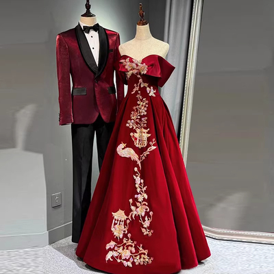 一字肩敬酒服新娘冬季丝绒订婚裙