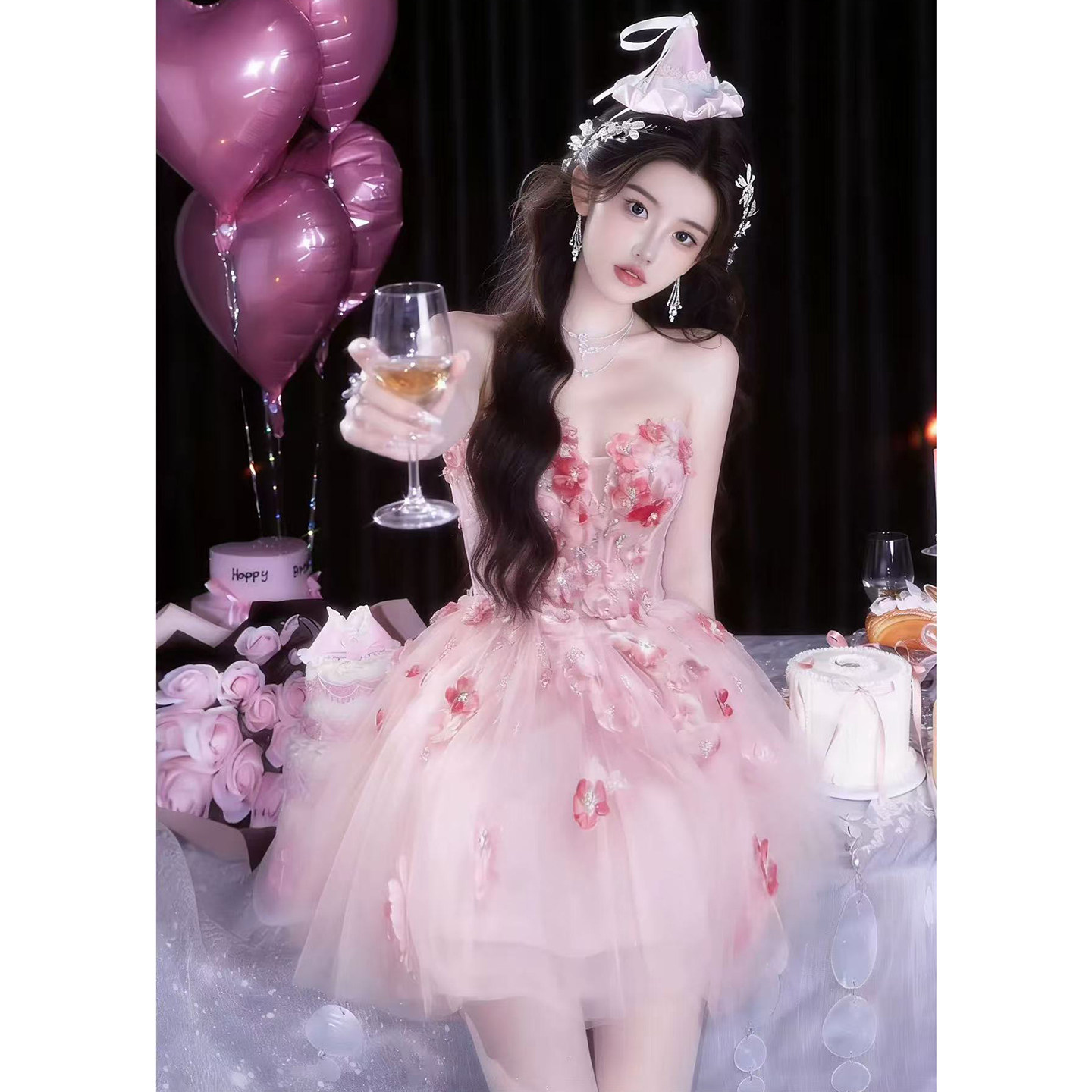 粉色甜美晚礼服裙女轻奢小众高端生日party订婚成人礼女孩小个子