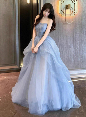 蓝色抹胸晚礼服裙女高级感高端轻奢小众演出主持人18岁成人礼女孩
