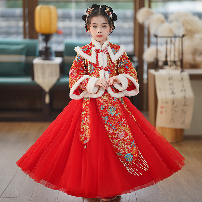 汉服儿童公主裙套装2023冬季加绒小女孩中国风唐装古装女童拜年服
