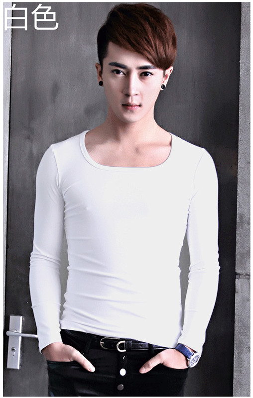 男士紧身长袖大圆领方领t恤 韩版低领帅气内搭修身打底衫秋冬