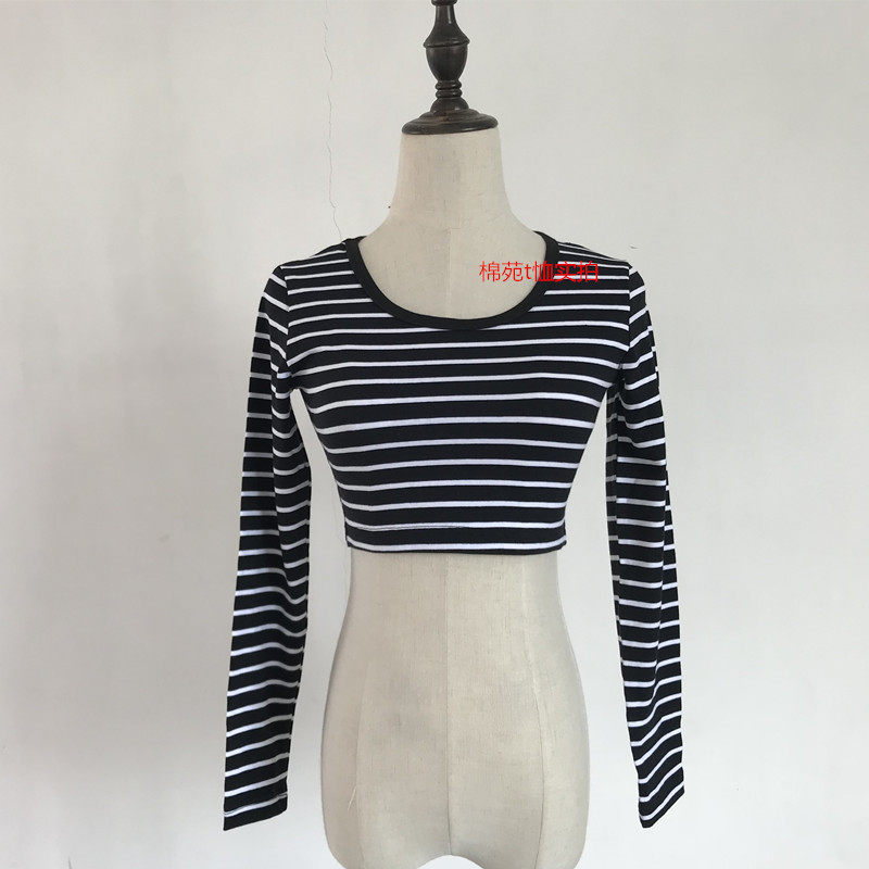 超短款条纹t恤女紧身长袖半身打底衫圆领棉质半截内搭上衣舞蹈 秋