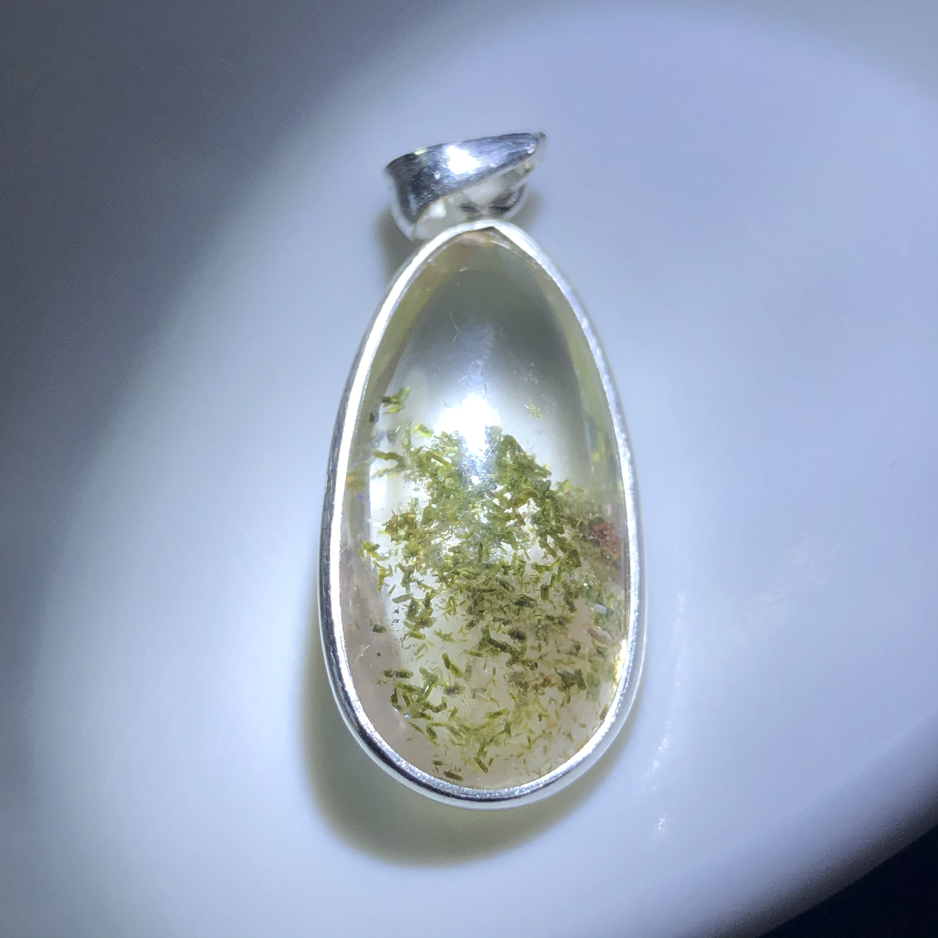 老货福利天然水晶共生绿碧玺花水晶吊坠纯银镶嵌