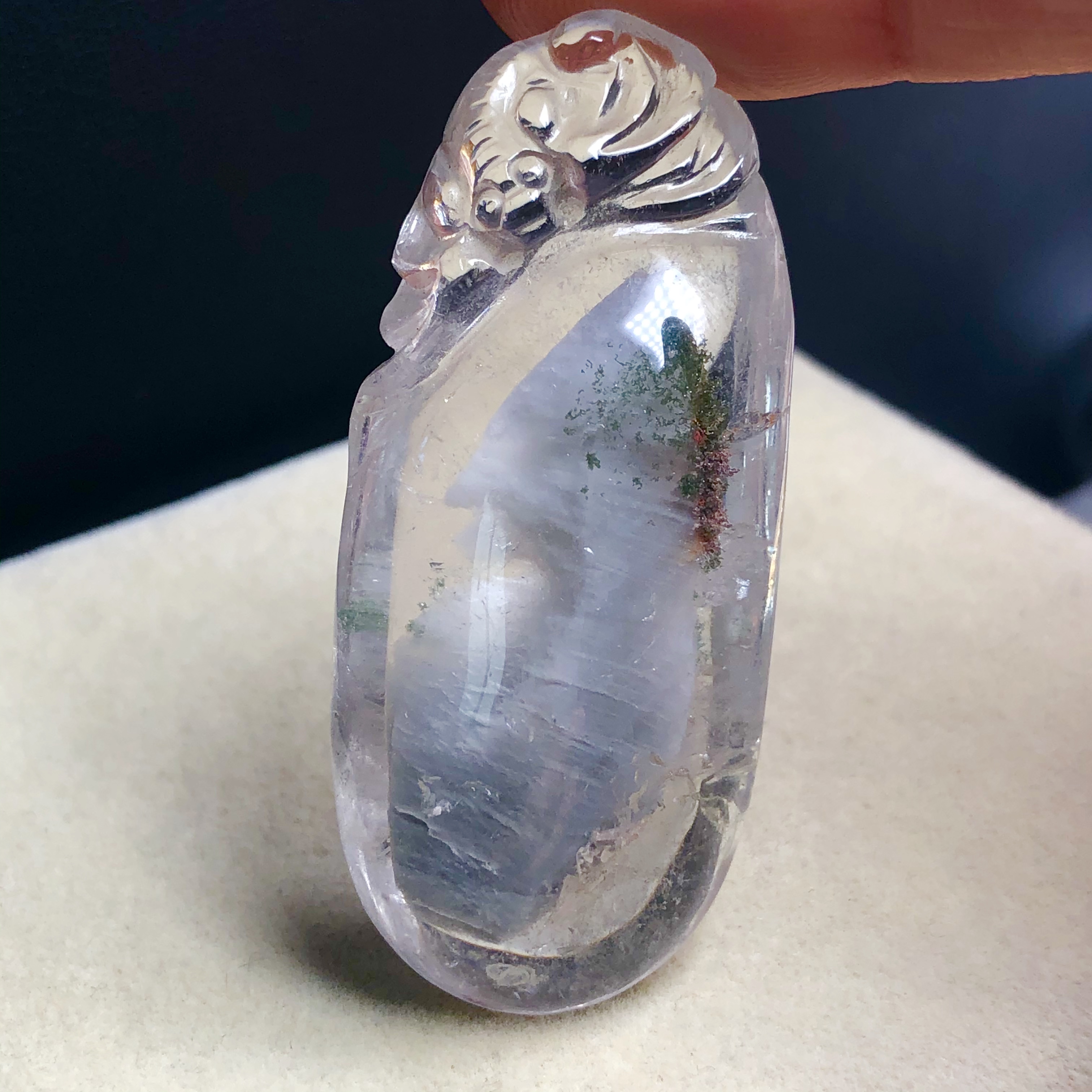 纯手工雕刻纯天然全水晶立体兔毛幽灵共生金字塔吊坠