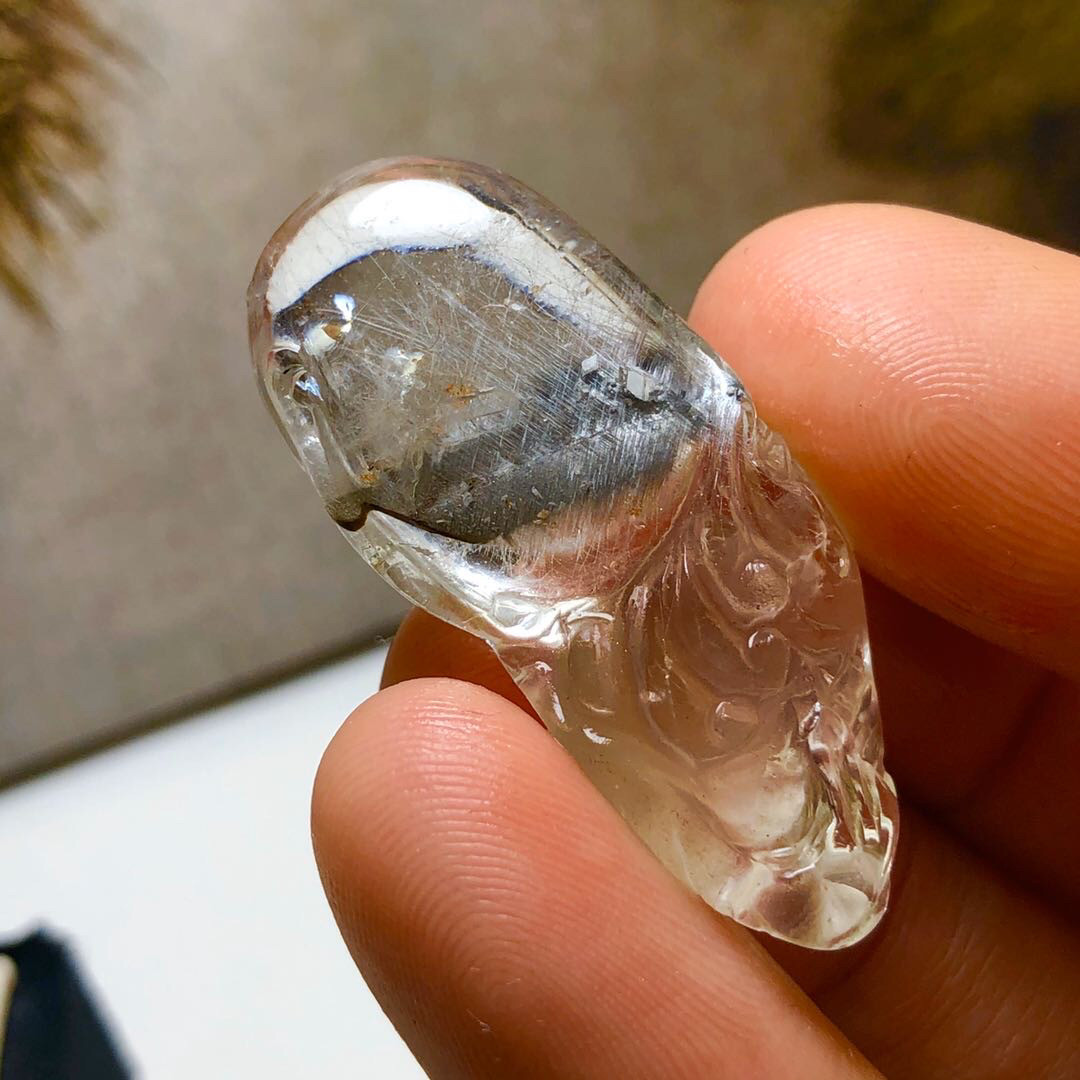 天然黑银钛晶花晶共生晶中晶水晶吊坠 福在眼前