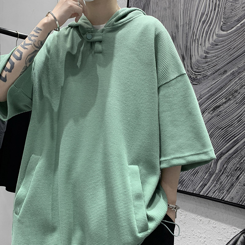 Summer hooded waffle T-shirt trendy loose half sleeve versatile top