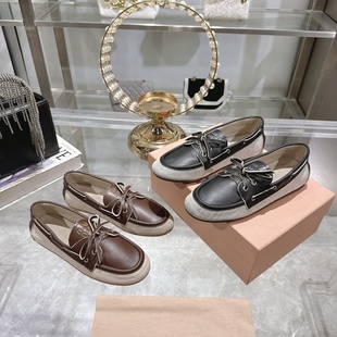 miu家乐福鞋平底圆头时尚休闲豆豆鞋一脚蹬2025新款系带蝴蝶结