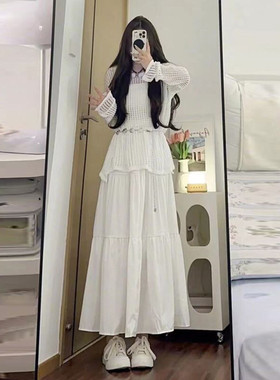 网红同款套装仙女温柔镂空针织长袖罩衫上衣+吊带背心+白半身长裙