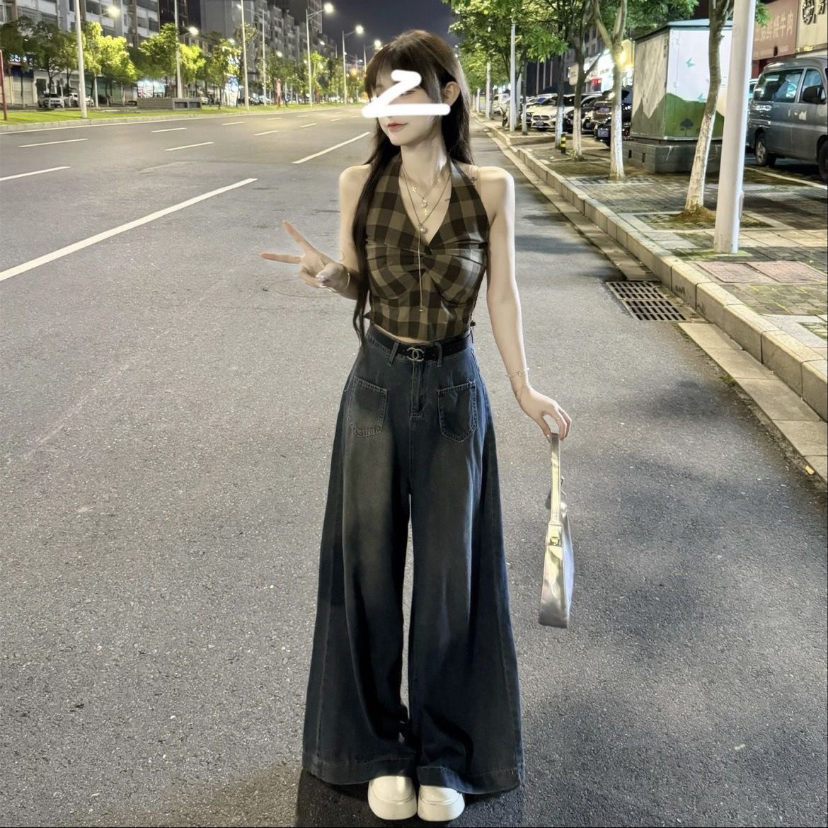 夏季网红同款辣妹格子无袖背心上衣+高腰前口袋阔腿牛仔裤拖地裤