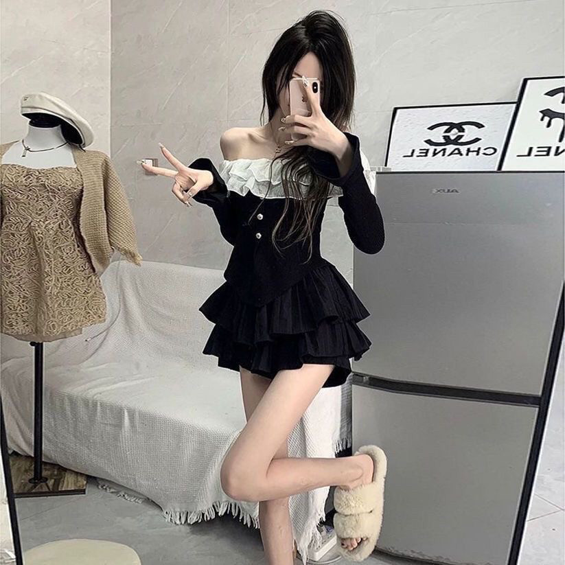 社会女套装快手网红同款荷叶边修身长袖一字肩上衣+内衬蛋糕裙女