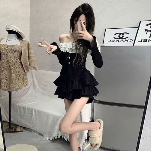 社会女套装快手网红同款荷叶边修身长袖一字肩上衣+内衬蛋糕裙女