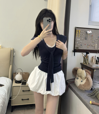 网红同款夏季海军系带正肩短袖拼接无袖修身T恤上衣+白花苞短裙裤