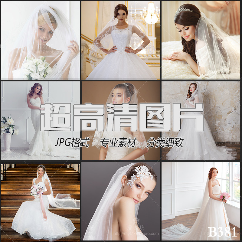 婚纱长裙美丽新娘头纱抹胸捧花西式服饰礼服JPG高清图片设计素材