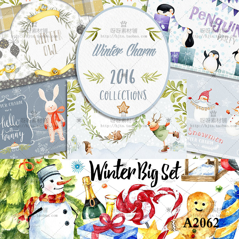 合集 冬季水彩圣诞猫头鹰企鹅松鼠兔子雪人花环卡片背景 PNG免扣