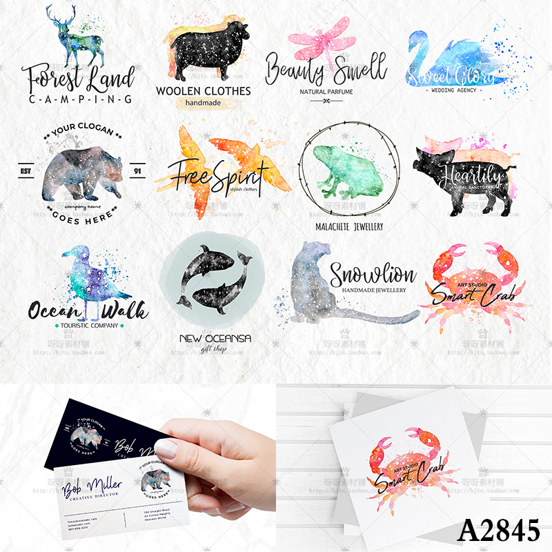 手绘水彩动物熊鹿天鹅蜻蜓鸟类螃蟹logo设计PSD模板名片设计素材
