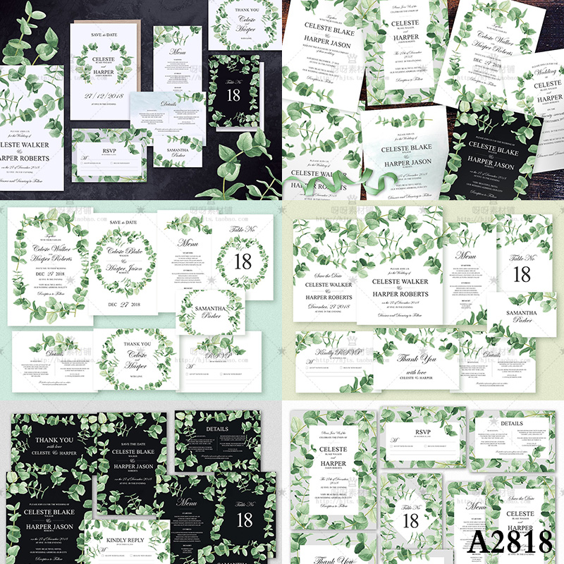 手绘水彩清新绿色植物桉树叶子婚礼请柬卡片PSD分层模板设计素材