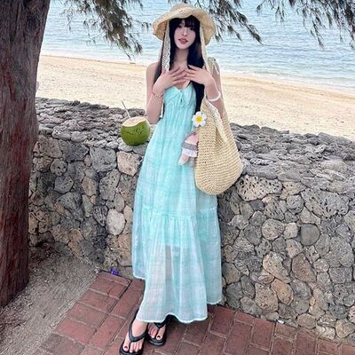 超仙大摆纯欲风V领性感多巴胺露背挂脖吊带仙女长裙海边度假裙子