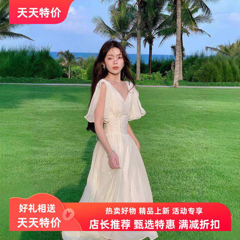 2026夏季气质v领浅杏色雪纺连衣裙