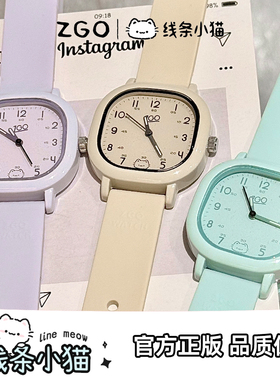 正港ZGO 线条小猫手表女学生只看时间考试专用初中儿童女生石英表