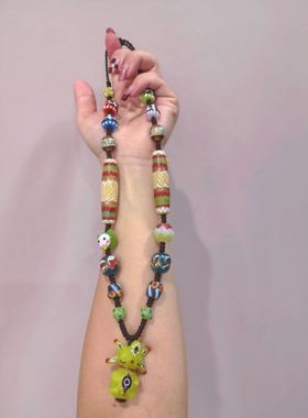 原创设计琉璃珠编织秋冬琉璃粉色狐狸守护神毛衣链