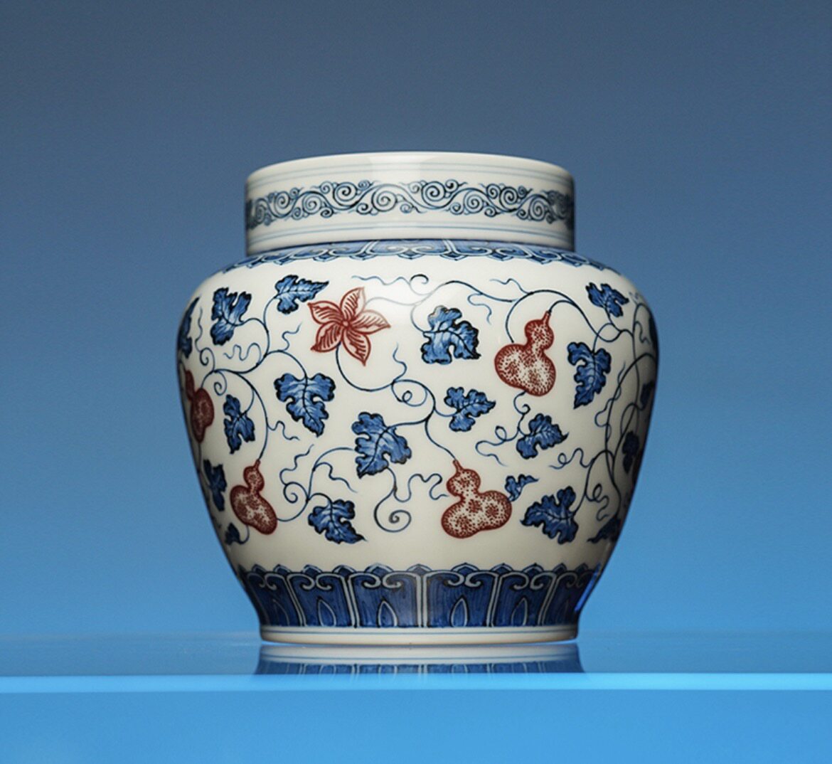 见山烧·缠枝葫芦茶叶罐 口径7.1 x高13cm