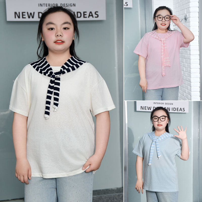 胖女童夏季棉麻加肥加大短袖条纹新款儿童披肩宽松T恤中大童上衣t