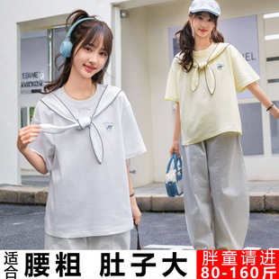 胖女童短袖t恤休闲少女装中大童大码夏季薄款宽松花边领带上衣潮