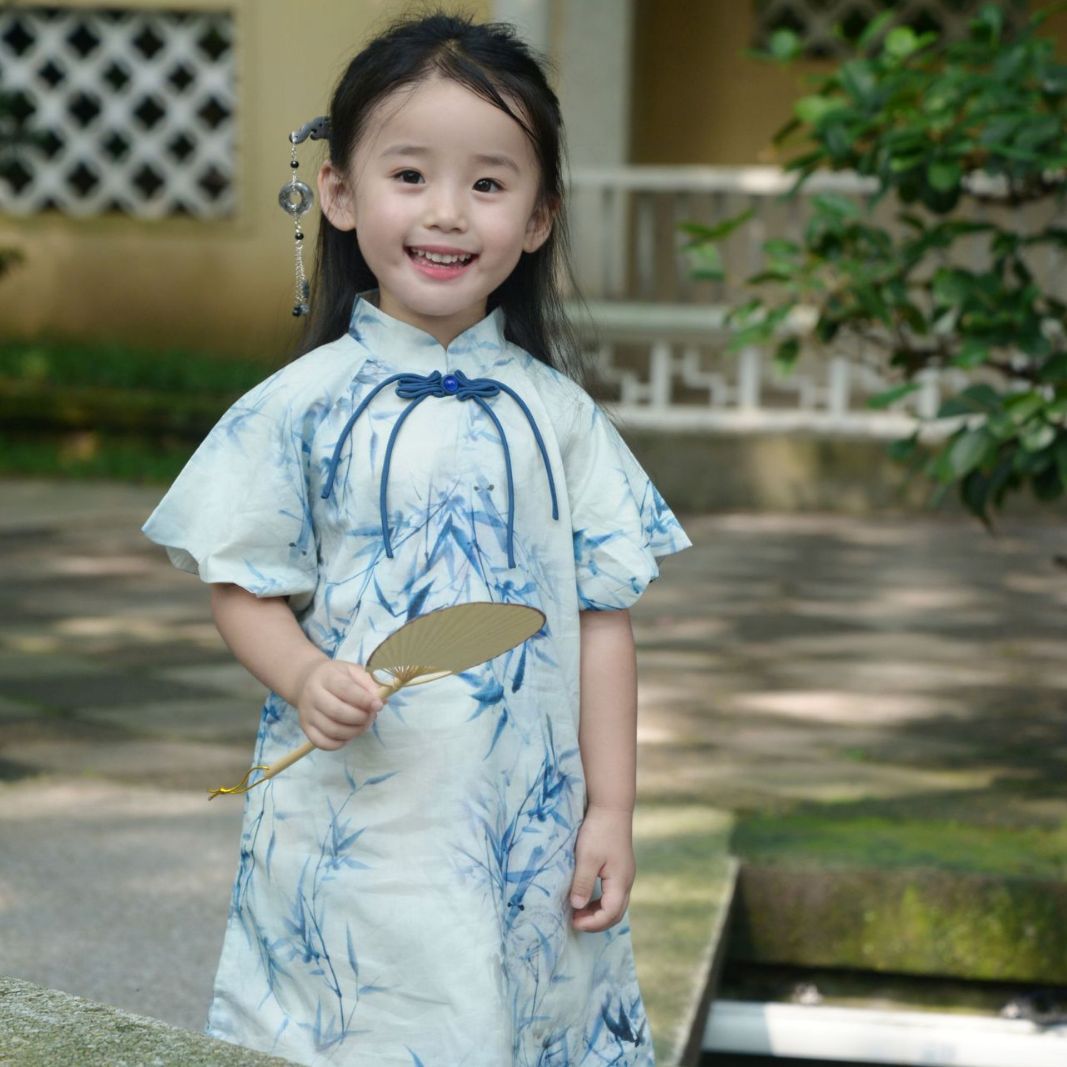 女童夏季纯棉水墨竹大袖旗袍新款复古色气质女宝宝民国学生旗袍裙