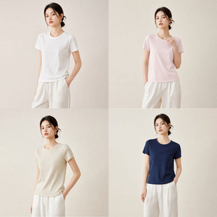 海天苏抚服饰针织汉麻女士u领短袖简约圆领夏宽松T恤上衣 ZZHM010