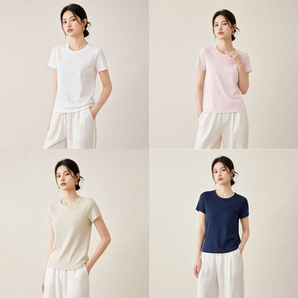 海天苏抚服饰针织汉麻女士u领短袖简约圆领夏宽松T恤上衣 ZZHM010