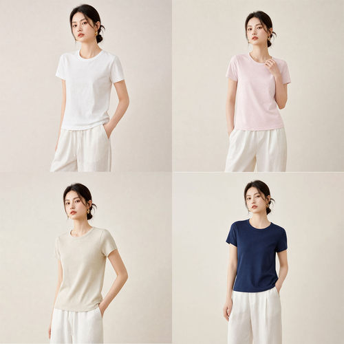 海天苏抚服饰针织汉麻女士u领短袖简约圆领夏宽松T恤上衣 ZZHM010